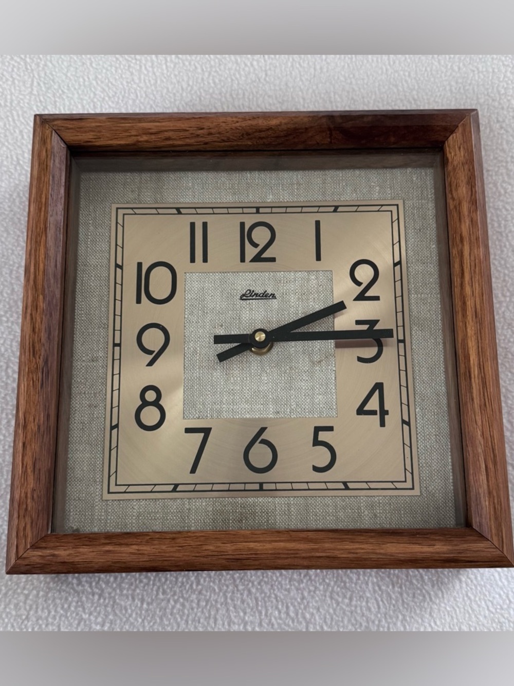Vintage Linden square wall clock, wooden frame, Art Deco style 10”